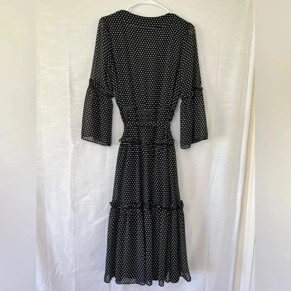 MICHAEL KORS Tiered Polka Dot Chiffon MIDI Dress Black - Picture 8 of 9